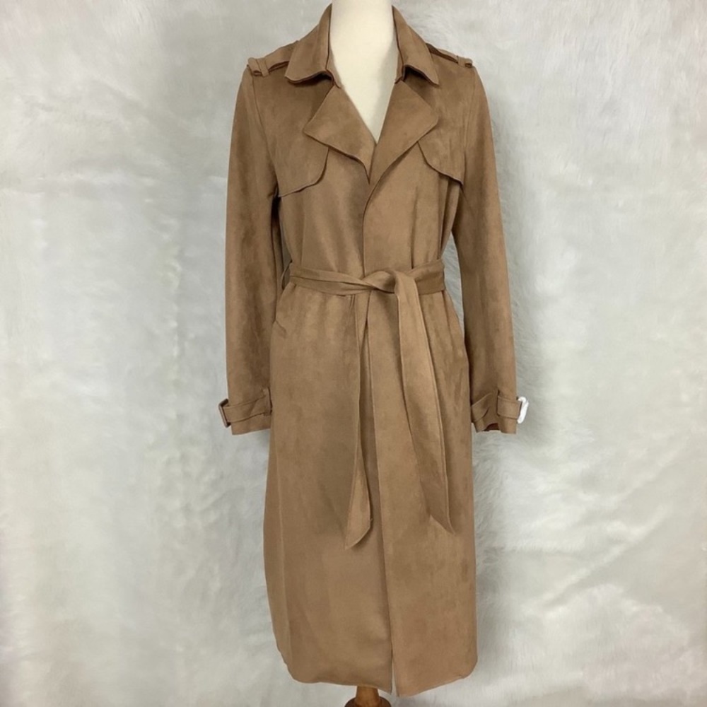 M Magaschoni Camel Tan Faux Suede Leather Belted Trench Coat NWOT